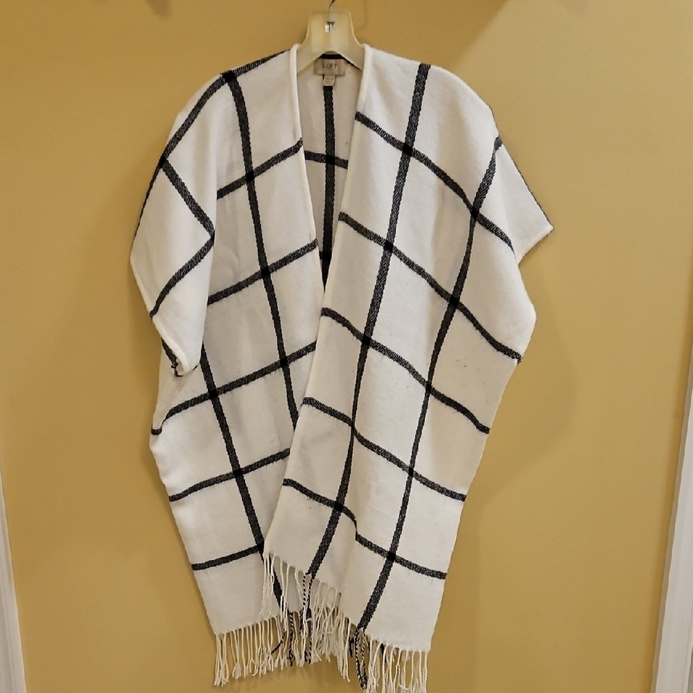 White and Black Checkered Shawl with Fringe